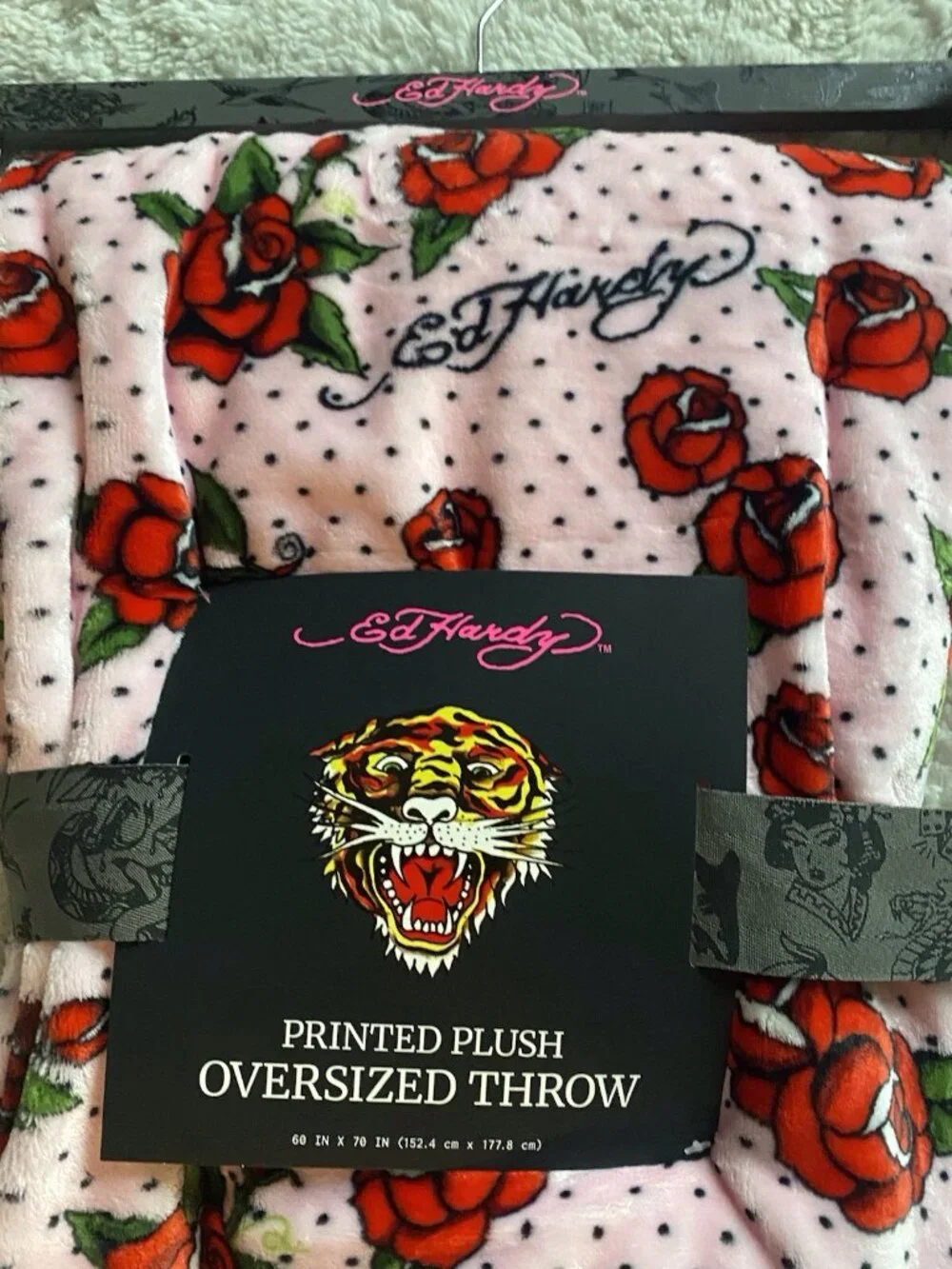 Ed Hardy Pink Plush Oversized Throw Blanket 60” X 70” Roses Polka Dots Tattoo